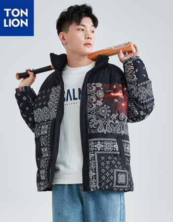 唐狮羽绒服男2021冬季新款腰果花外套男士